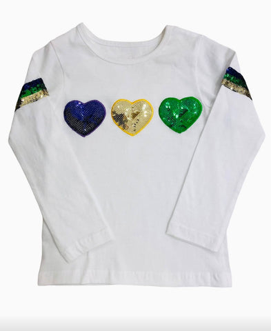 LuLu BeBe- Mardi Gras Sequin Heart Long Sleeve Tee