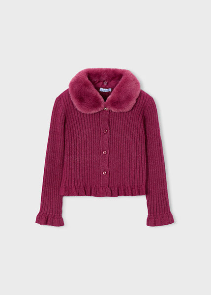 Mayoral - Faux Fur collar Cardigan Cherry