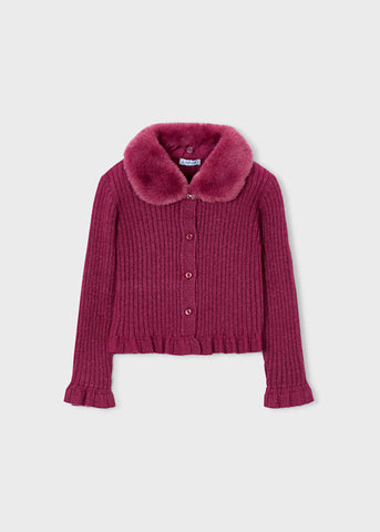 Mayoral - Faux Fur collar Cardigan Cherry
