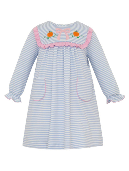 Claire And Charlie - Pumpkin With A Bow Blue Knit Stripe Dress L/S