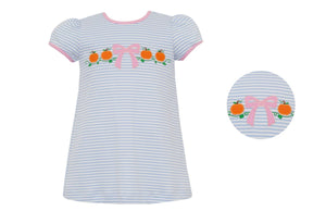 Claire And Charlie - Pumpkin With A Bow Blue Kit Stripe - A Line Stripe Dress