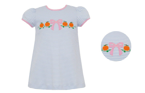 Claire And Charlie - Pumpkin With A Bow Blue Kit Stripe - A Line Stripe Dress