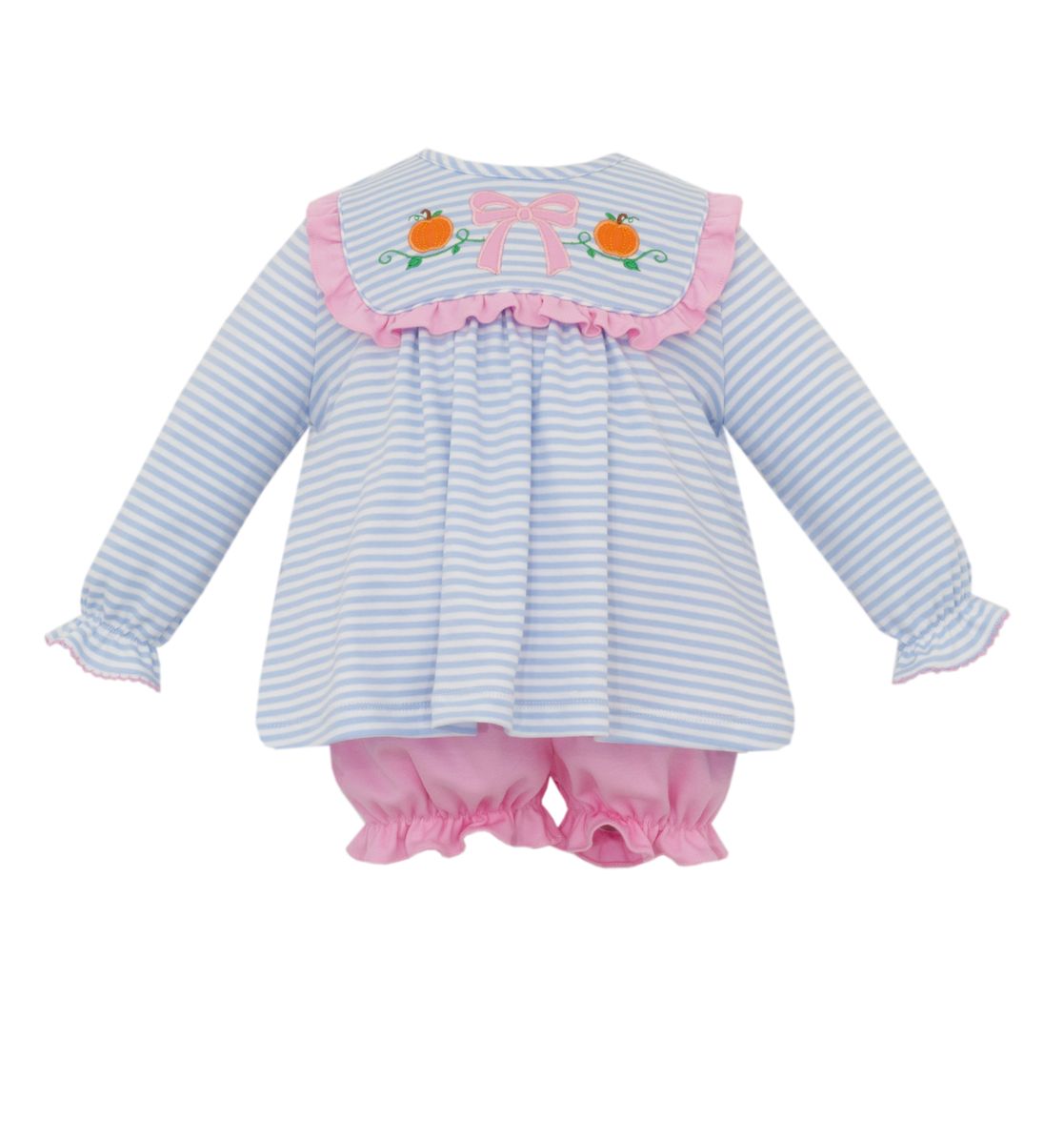 Claire And Charlie - Pumpkin With Bow - Blue Knit Stripe Bloomer Set