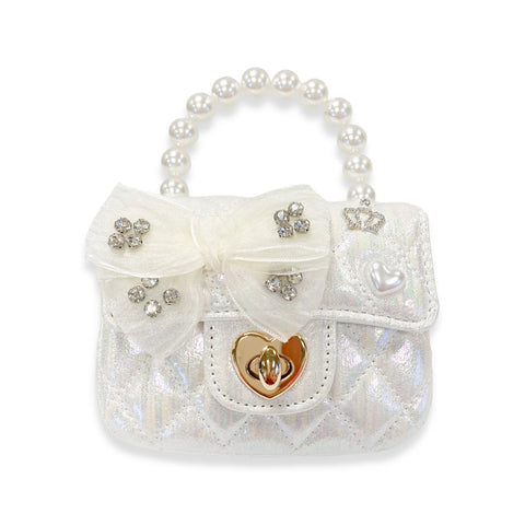 Doe A Dear - White Embellished Bow Shiny Quilted Purse