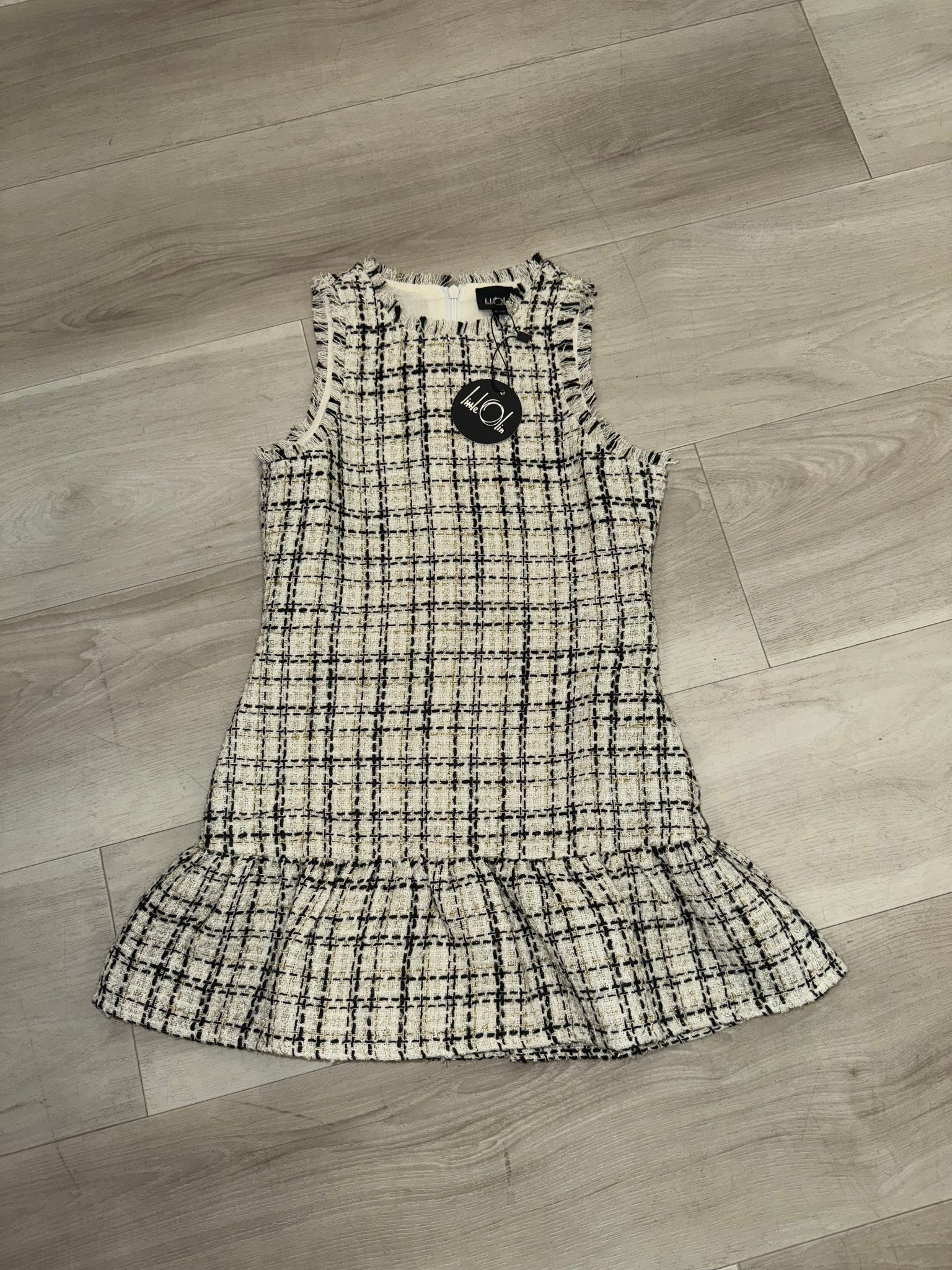 Little Olin - AW Black, White and Gold Tweed Ruffle Dress