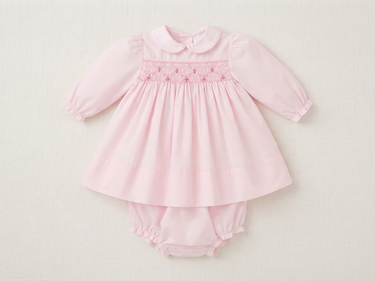 Petit Ami - Pink Dress With Roses Smocking & Bloomers