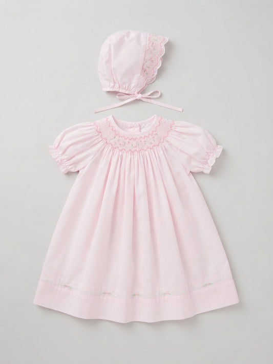 Petit Ami - Light Pink Floral Smocked Dress w/Bonnet