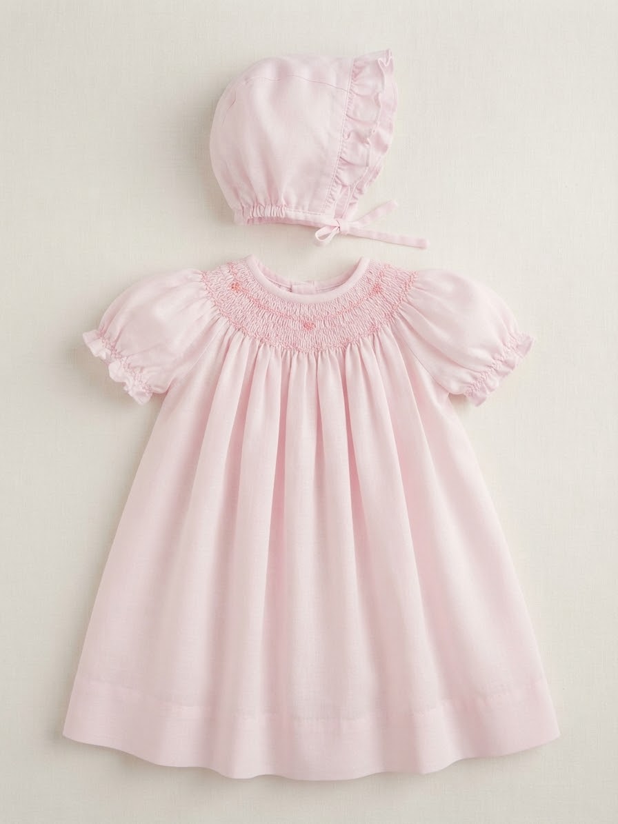 Petit Ami - Light Pink Floral & Pearl Smocked Dress w/Bonnet