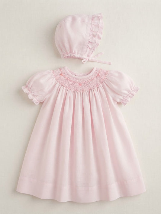 Petit Ami - Light Pink Floral & Pearl Smocked Dress w/Bonnet