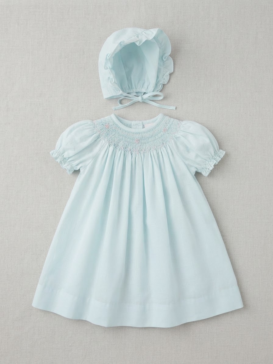 Petit Ami - Mint Floral & Pearl Smocked Dress w/Bonnet