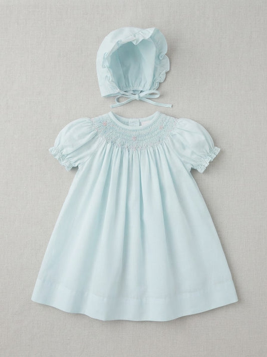 Petit Ami - Mint Floral & Pearl Smocked Dress w/Bonnet
