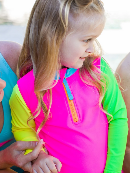 Ruffle Butts - Neon Color Block LS One-Piece Rash Guard