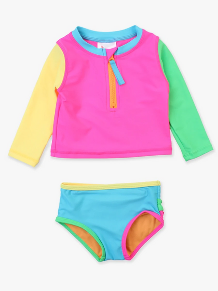 Ruffle Butts - Neon Color Block LS Zipper Rash Guard 2pc.