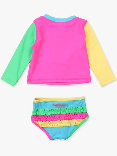 Ruffle Butts - Neon Color Block LS Zipper Rash Guard 2pc.