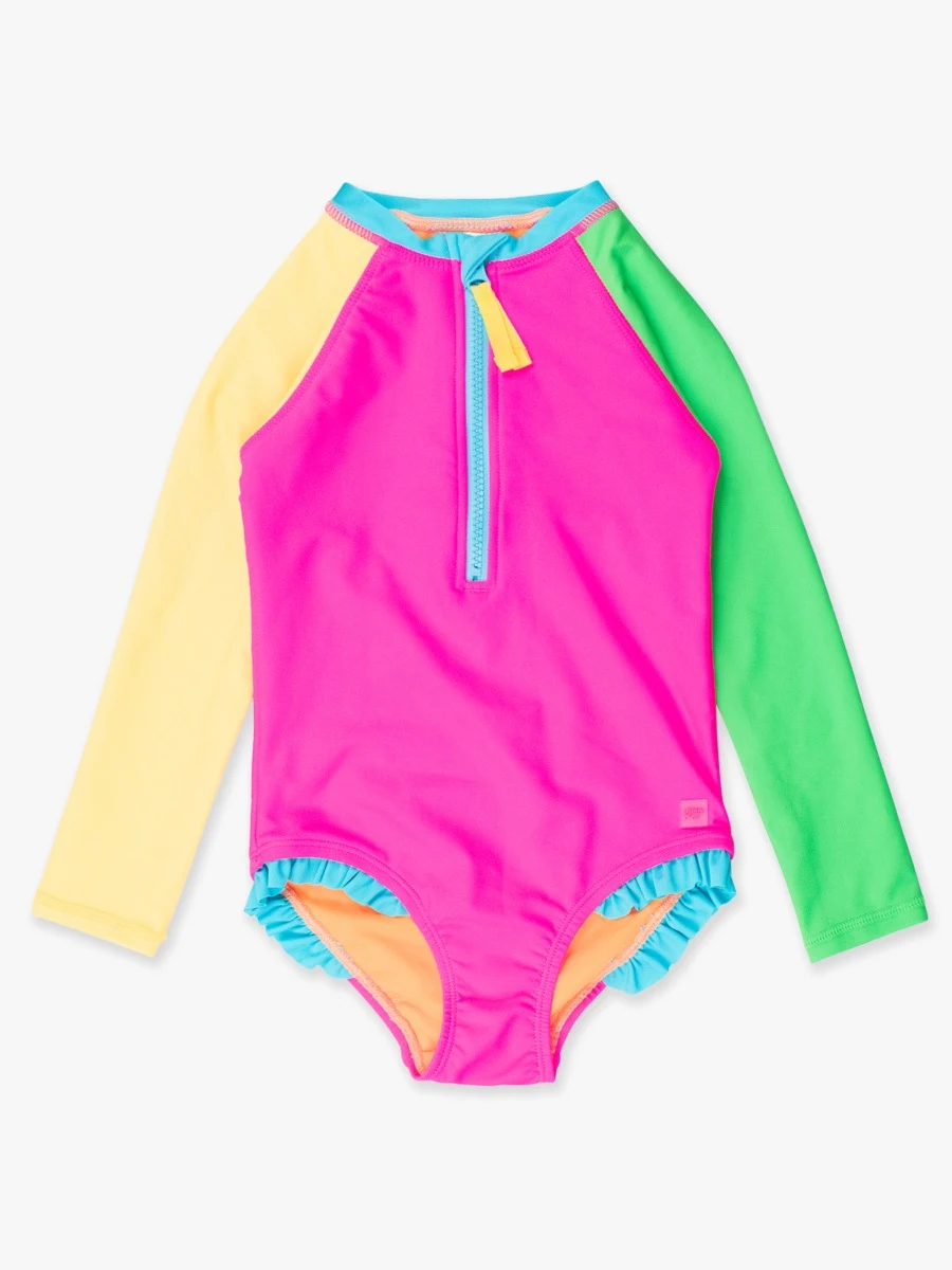 Ruffle Butts - Neon Color Block LS One-Piece Rash Guard