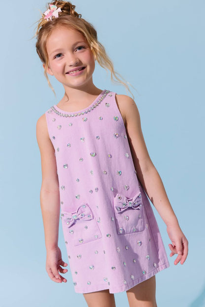 Lola And The Boys - Lavender Crystal Heart Denim Bow Dress