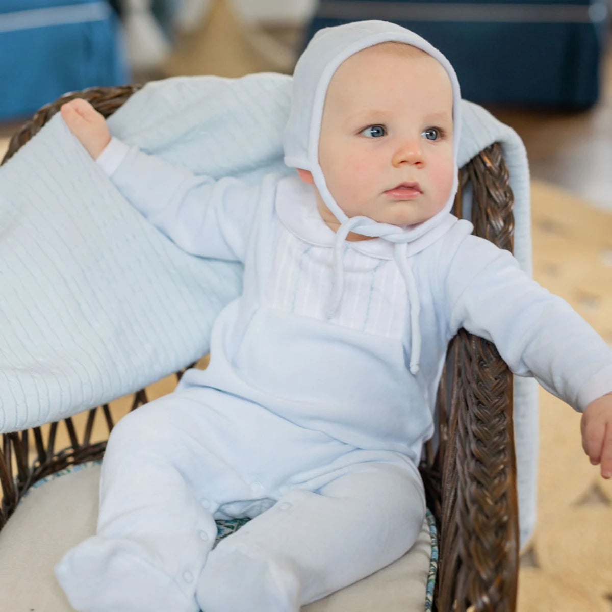 Feltman Brothers- Feather Stitched Velour Romper With Bonnet