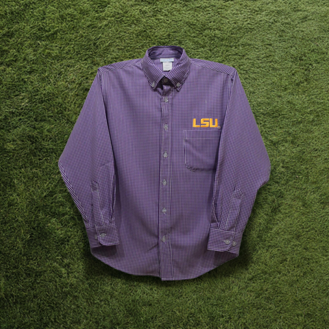 LSU Tigers Embroidered Purple Gingham Long Sleeve Button Down Shirt