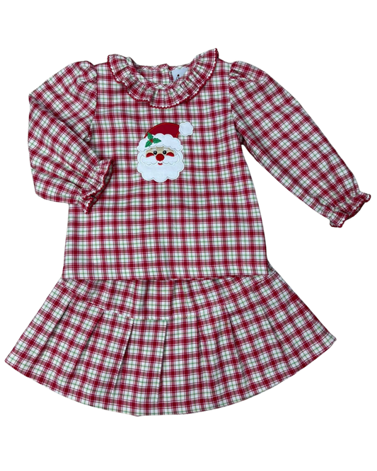 Delaney - Girl's Green Check Santa Skirt Set
