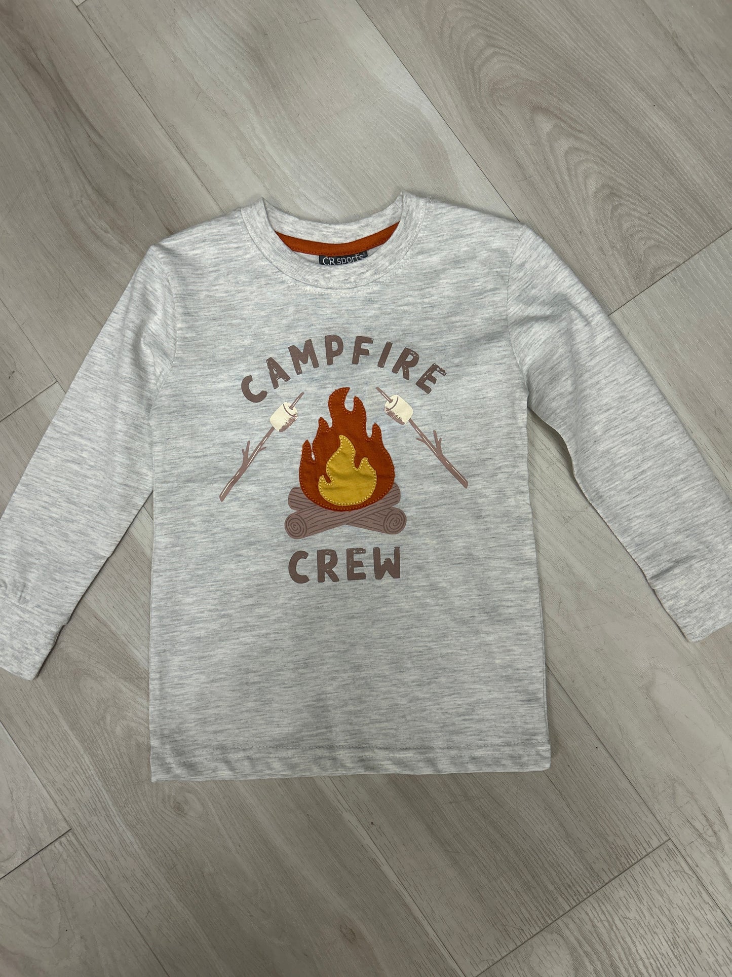 Gray long-sleeve shirt with 'Campfire Crew' graphic 