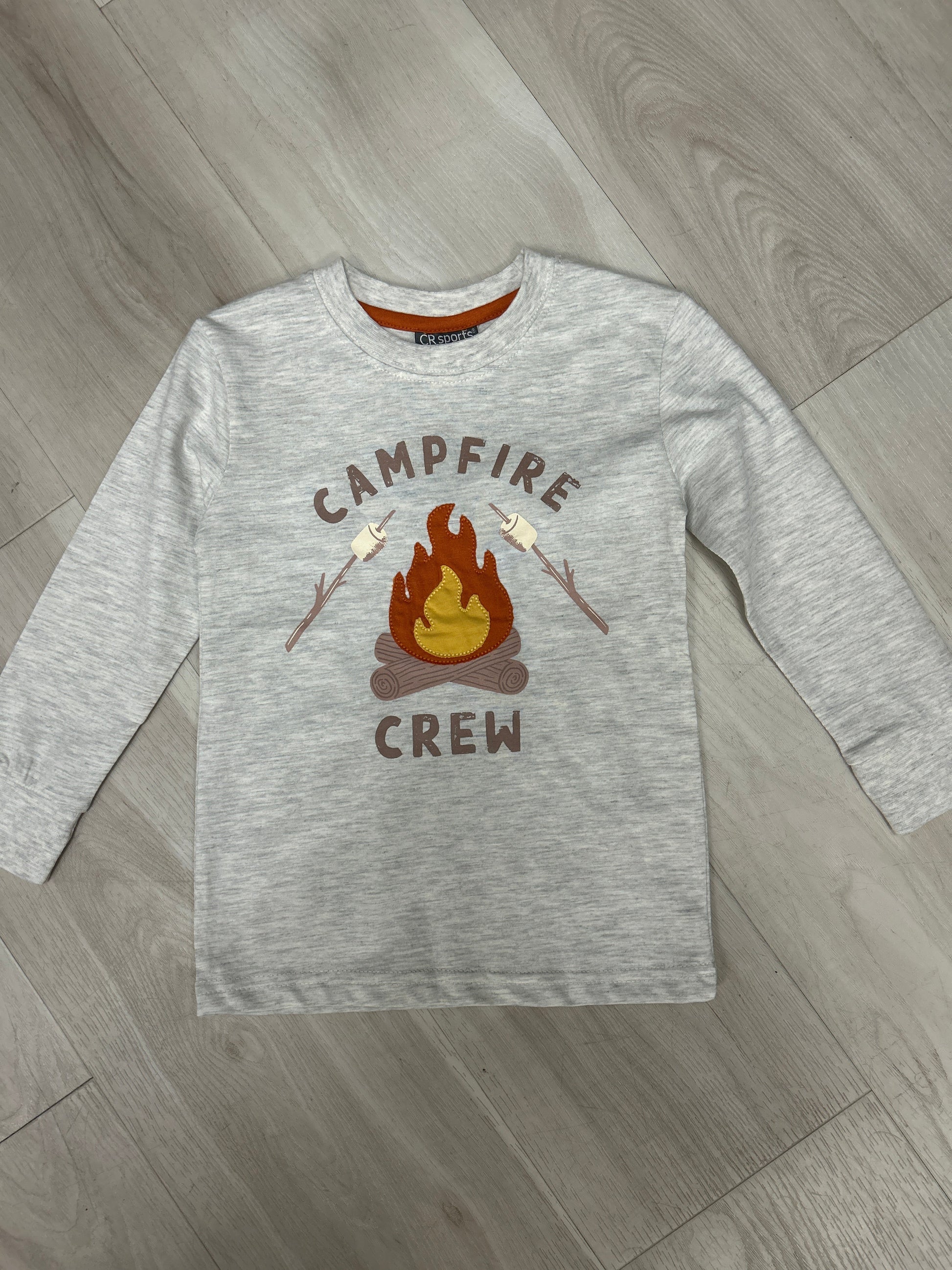 Gray long-sleeve shirt with 'Campfire Crew' graphic 