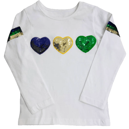 LuLu BeBe- Mardi Gras Sequin Heart Long Sleeve Tee