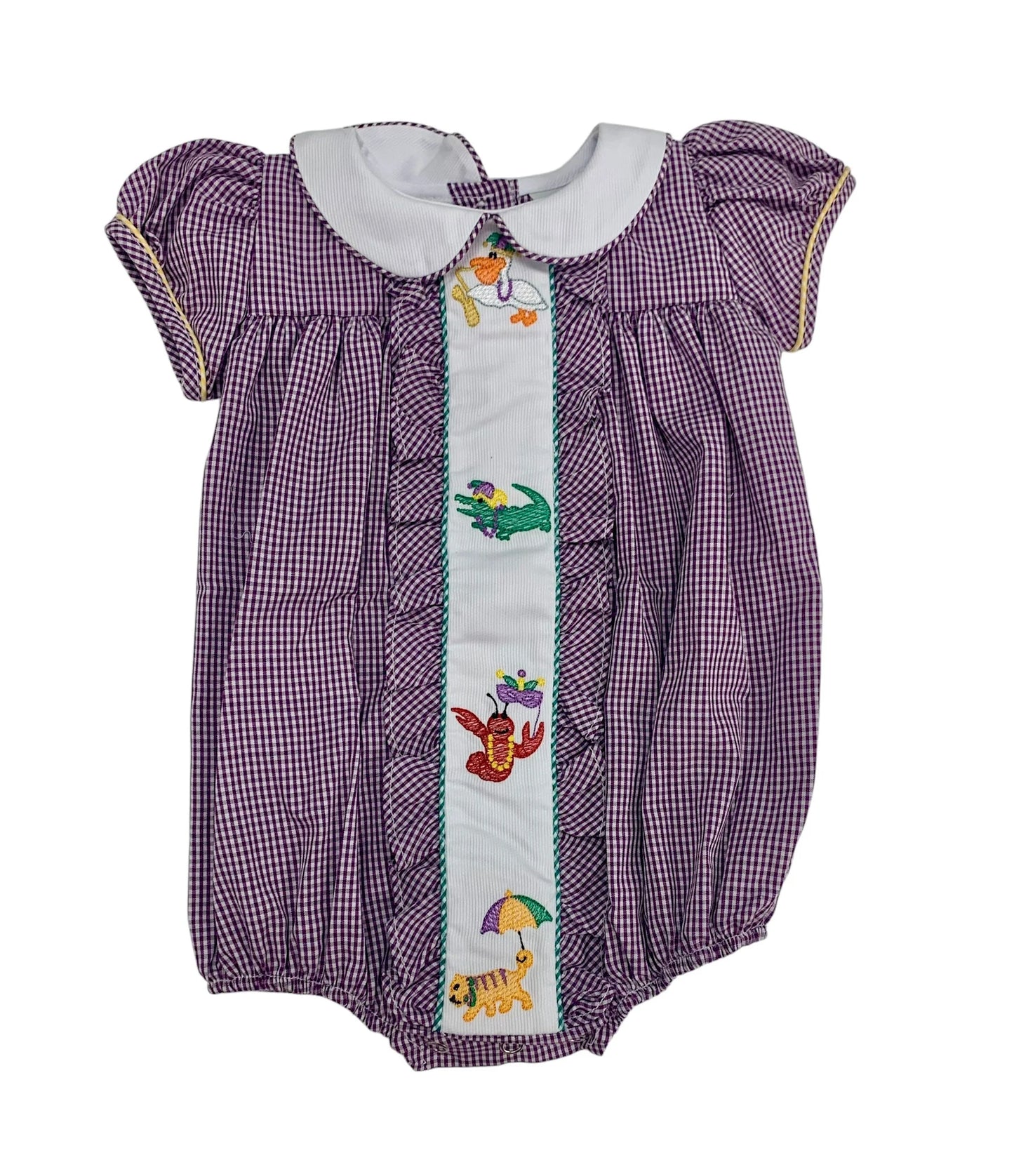 Lulu Bebe - Animal Embroidered Purple Gingham Bubble