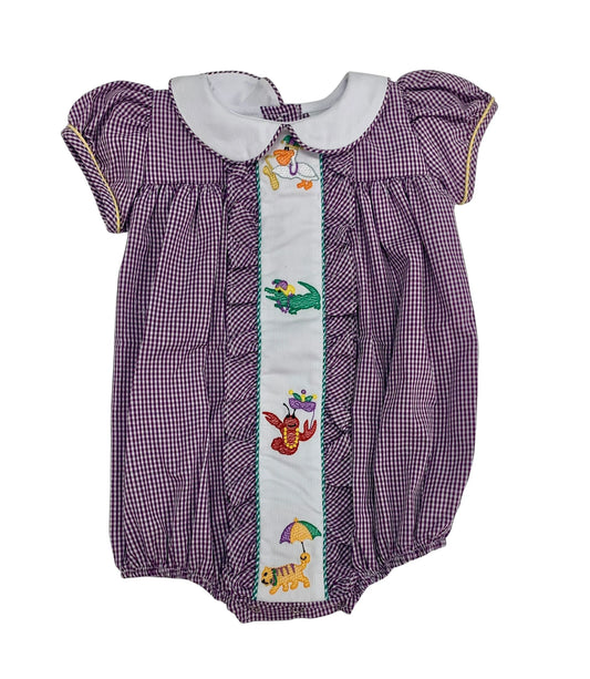 Lulu Bebe - Animal Embroidered Purple Gingham Bubble