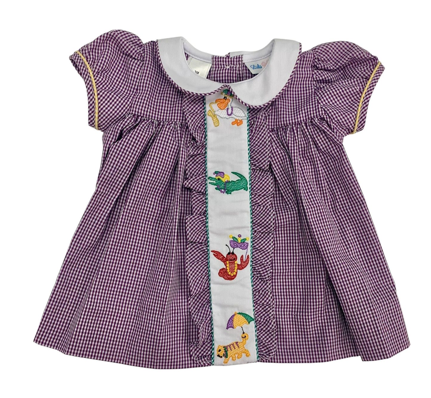 Lulu Bebe - Animal Embroidered Purple Gingham Dress