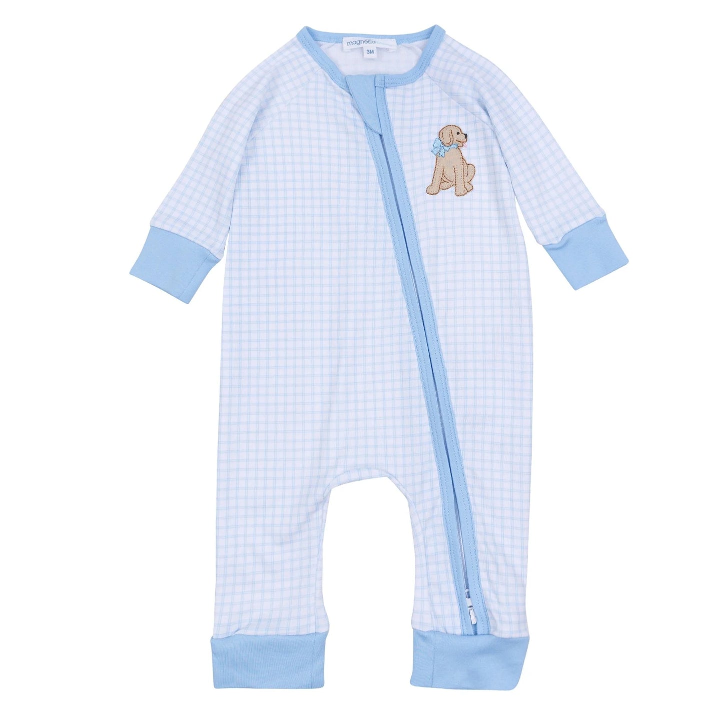 Magnolia Baby - Light Blue Puppy Playtime Applique Zip Playsuit