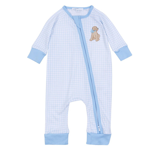 Magnolia Baby - Light Blue Puppy Playtime Applique Zip Playsuit