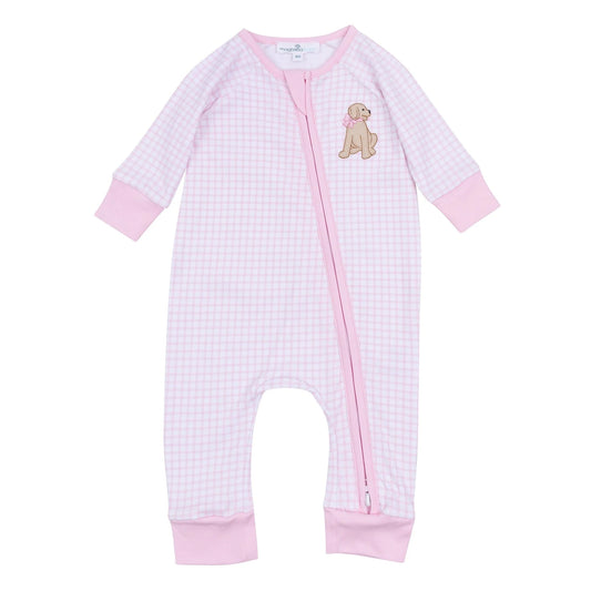 Magnolia Baby - Pink Puppy Playtime Applique Zip Playsuit