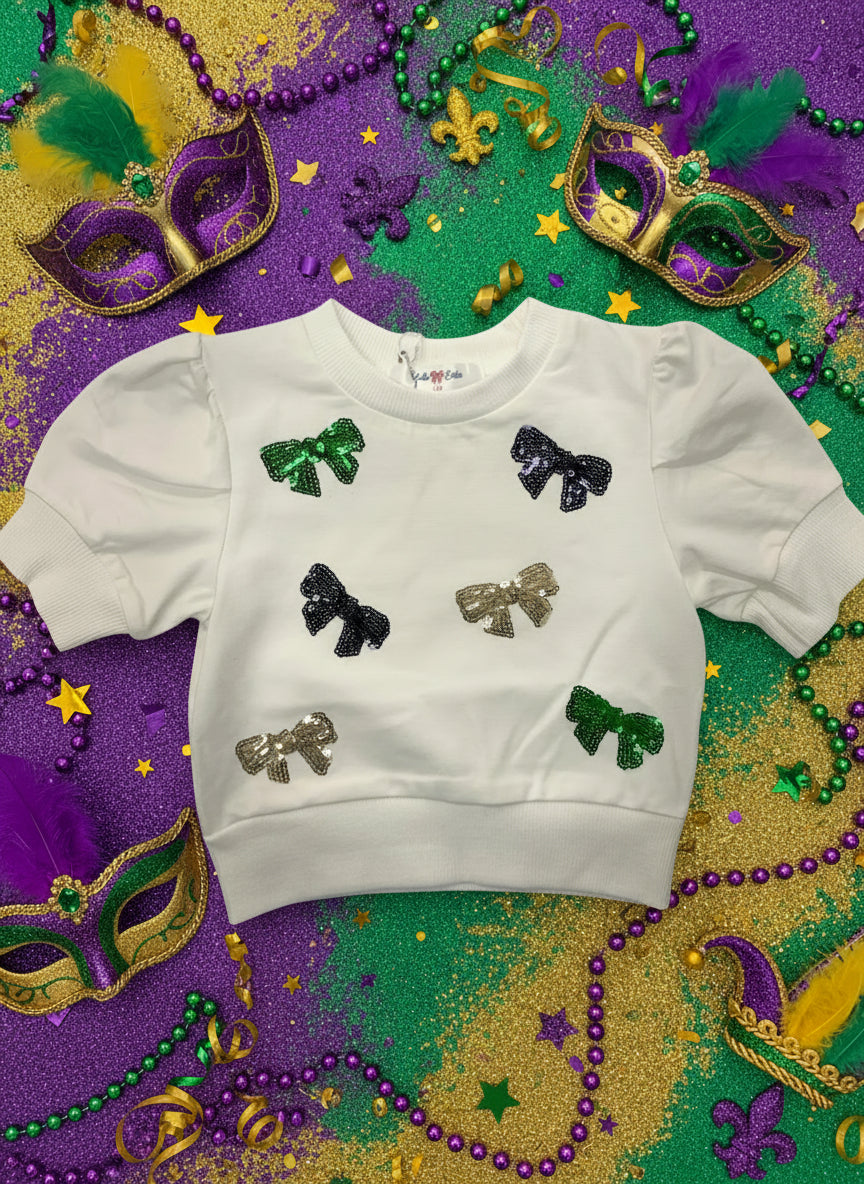 Lulu Bebe - Sequin Mardi Gras Print Bows White S/S Shirt