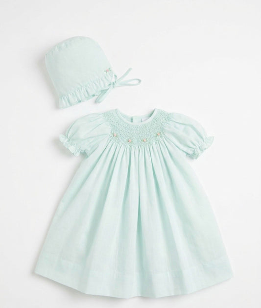 Petit Ami - Mint Blue Smocked Pink Roses Gown With Bonnet