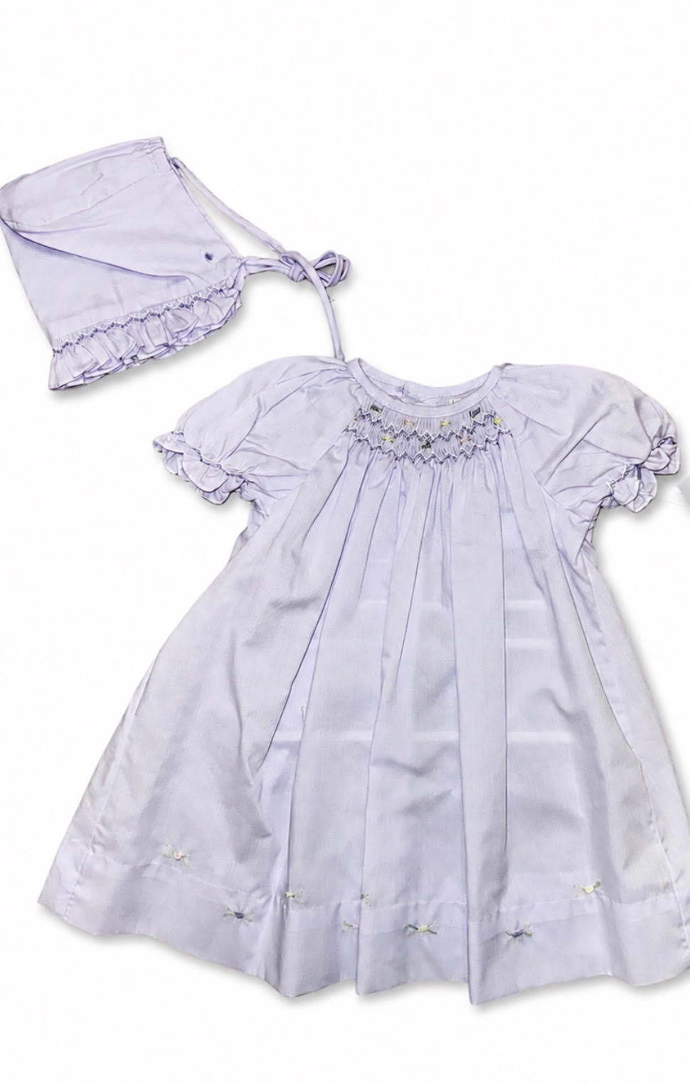 Petit Ami - Lavender Smocked Pastel Rose Bud Gown And Bonnet
