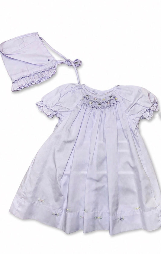 Petit Ami - Lavender Smocked Pastel Rose Bud Gown And Bonnet